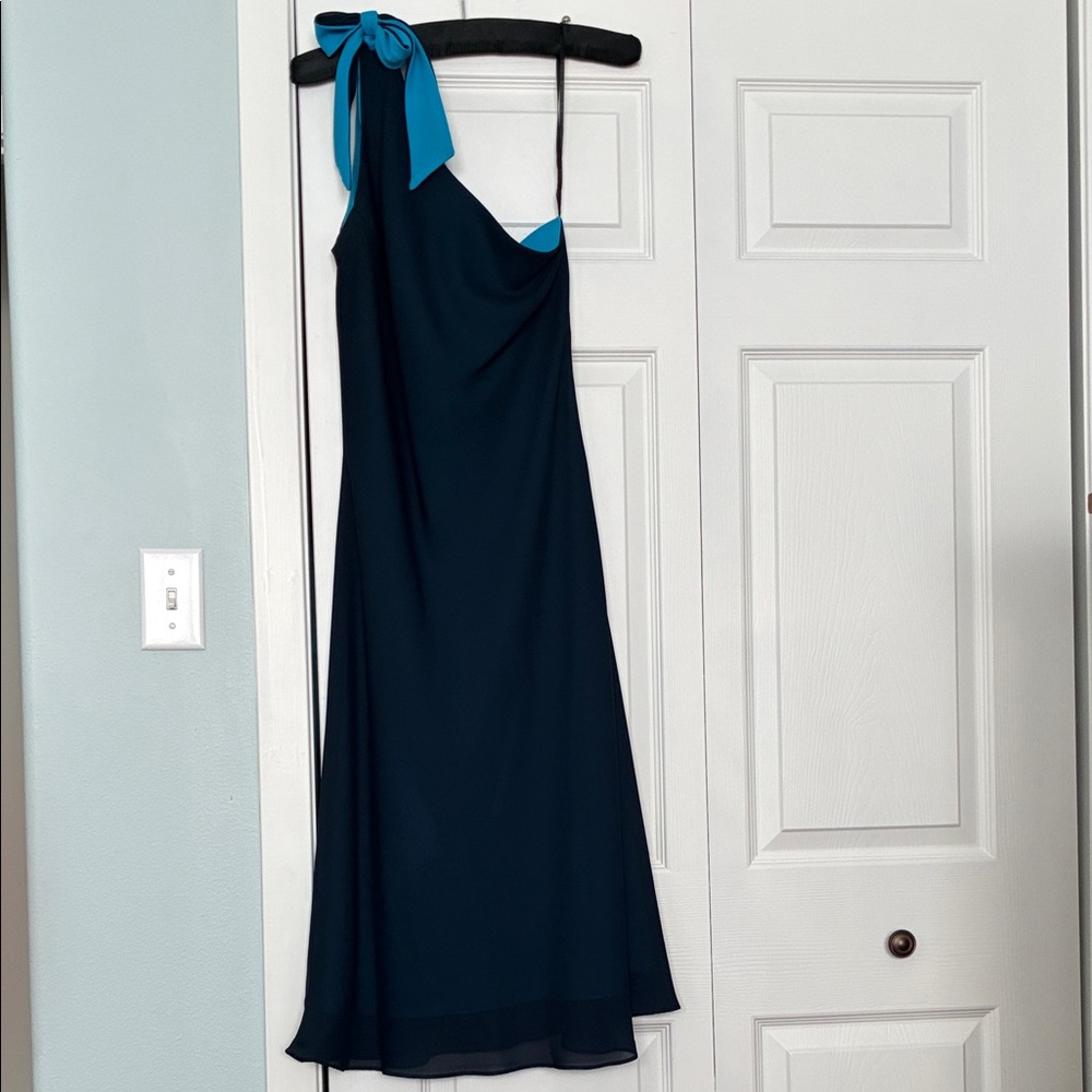 one-shoulder navy sheath dress with scarf